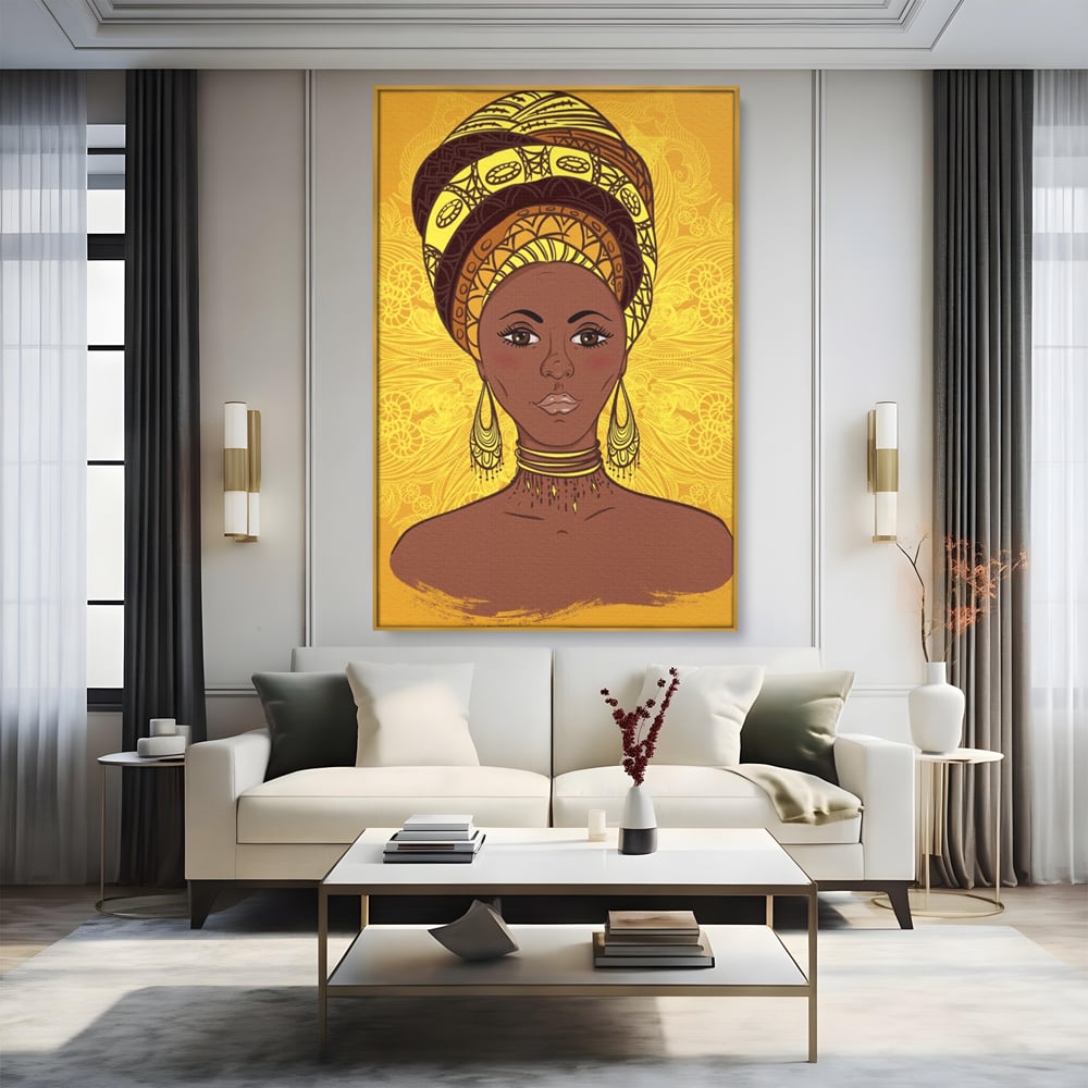 Tablou canvas cu ilustratie digitala cu femeie africana, in rama de aluminiu auriu, pe perete intr-un living